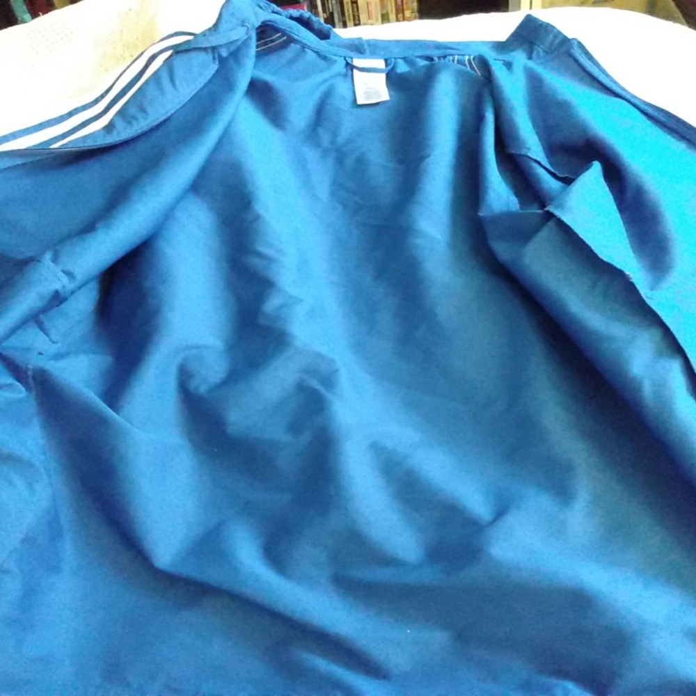 Adidas Windbreaker Track Jacket Navy Blue Full Zip Hooded Nylon 3 Stripes Size L